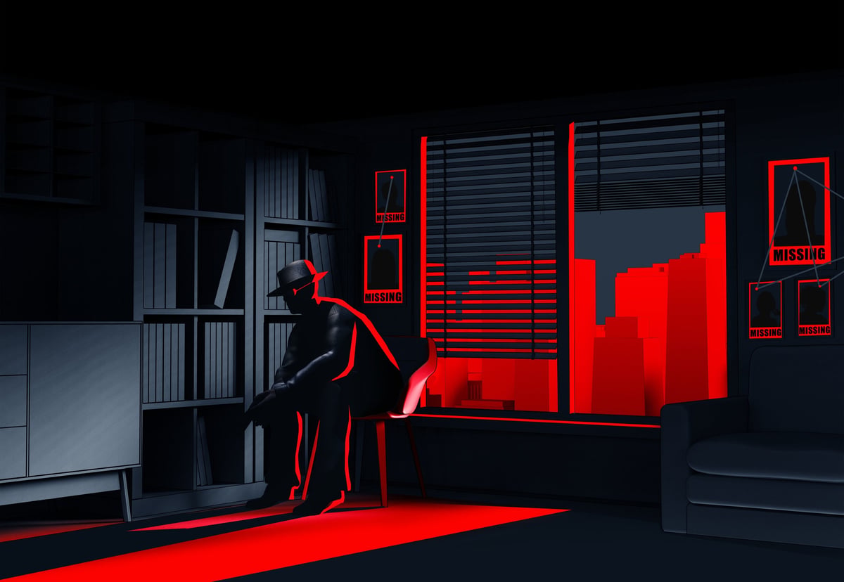 3d render noir illustration of toon crime detective with gun sitting in dark room with red cityscape view and missing posters on wall.