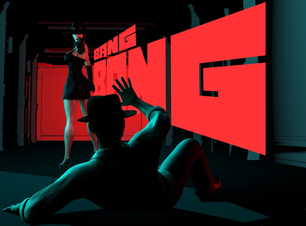 3d render noir illustration of sexy spy lady in black dress and hat aiming gun at mobster in hat on toon colored hallway with bang words.