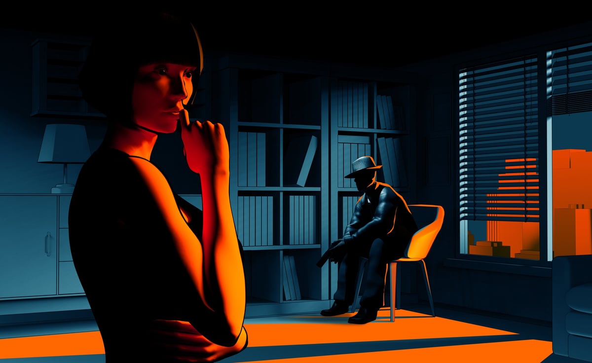 3d render noir illustration of mysterious lady in black dress with detective in dark room with orange light from window background.