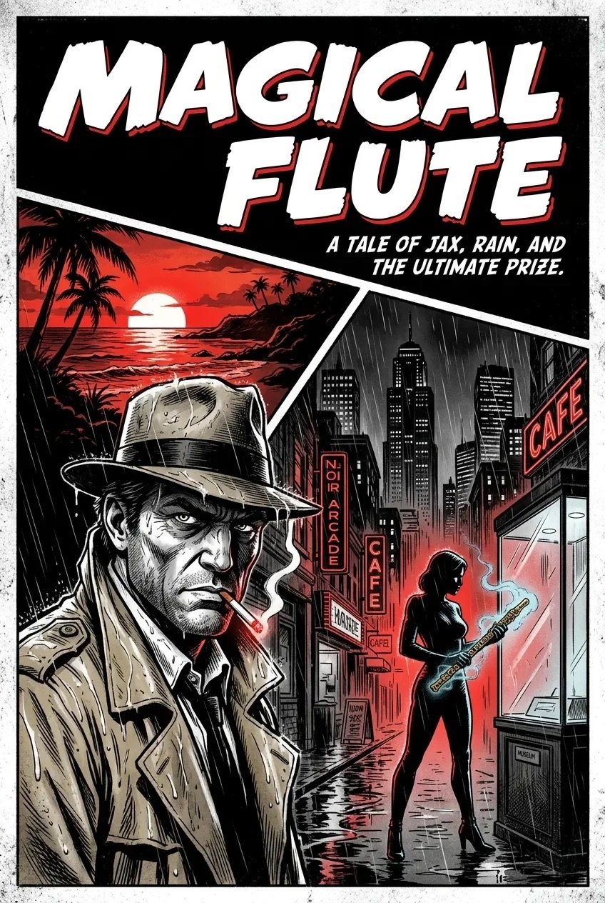 Movie poster for Magical Flute featuring a noir-style detective in a fedora and trench coat, with a tropical sunset and rainy city street scene