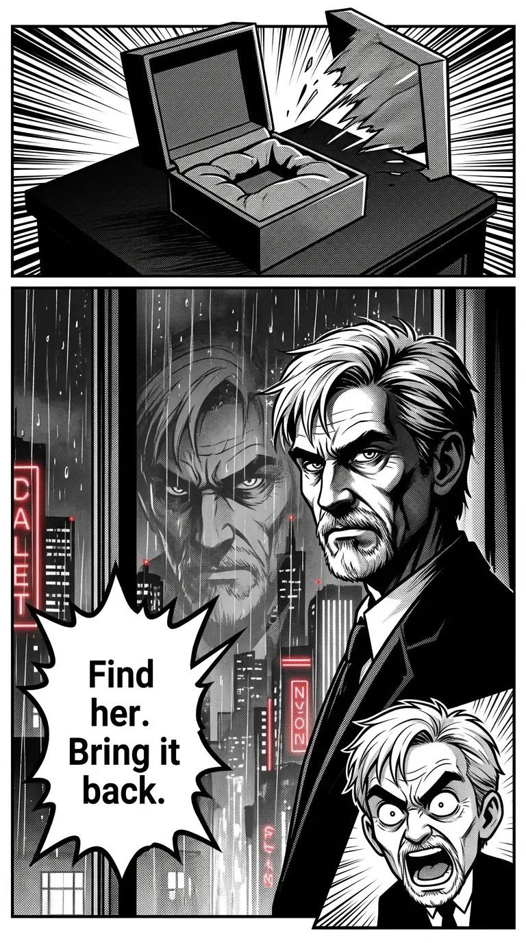 Black and white manga comic panels showing two open boxes on a table in top panel, and men in suits with dialogue Find her. Bring it back. in bottom panel