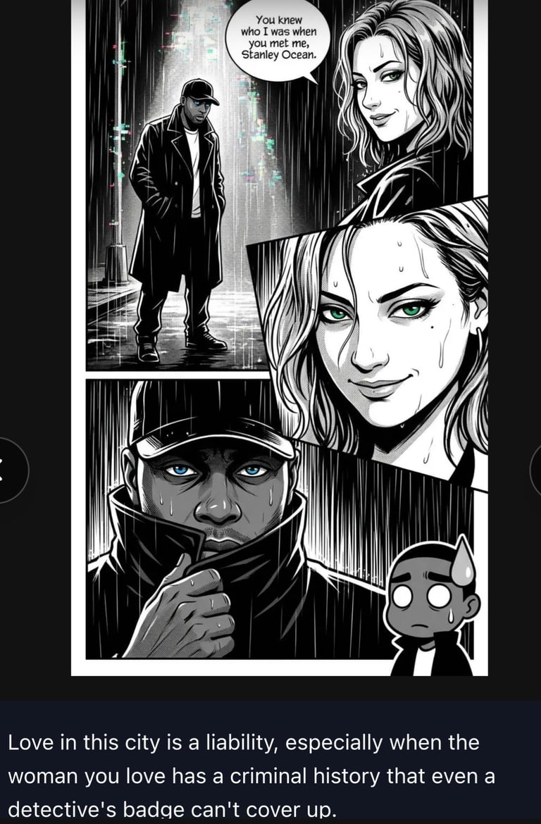 Black and white comic panel showing urban characters in rain with dialogue about love and crime, featuring close-up faces and a figure in a coat