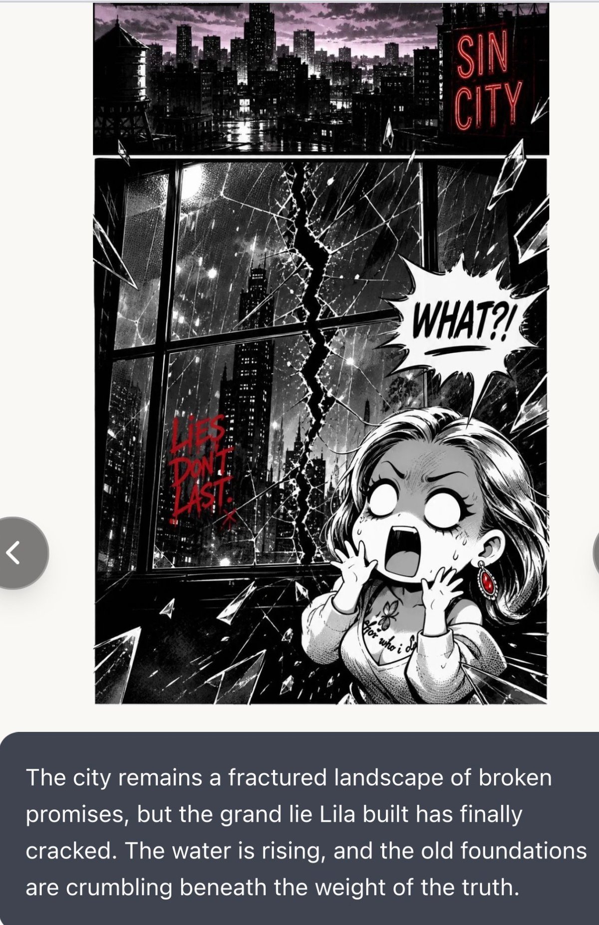 Black and white comic panel titled Sin City showing a woman shocked at a window overlooking a destroyed cityscape with red neon signs