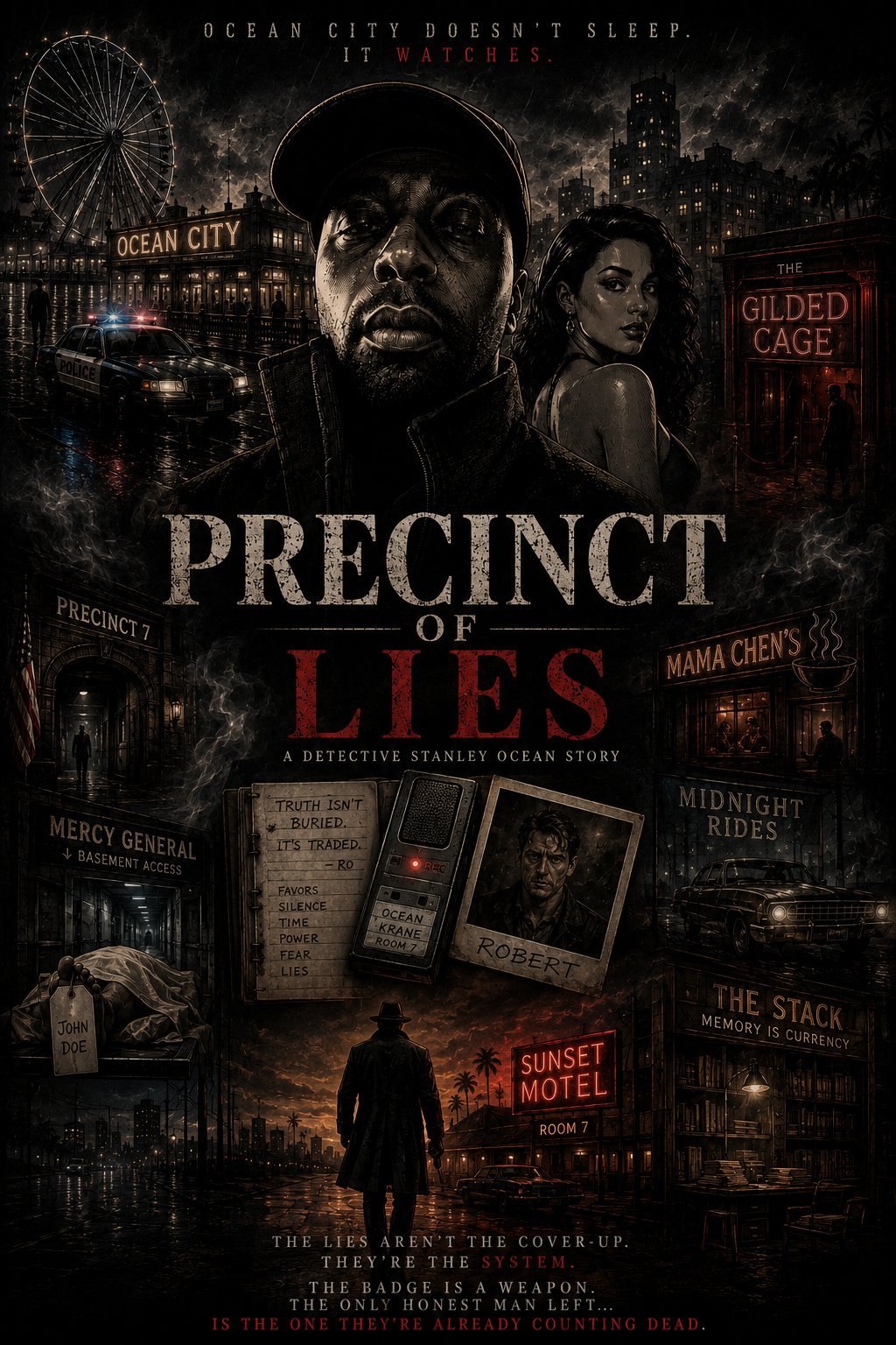 Movie poster for Precinct of Lies featuring Detective Stanley Ocean in noir style with Ocean City skyline, neon signs, and mysterious characters