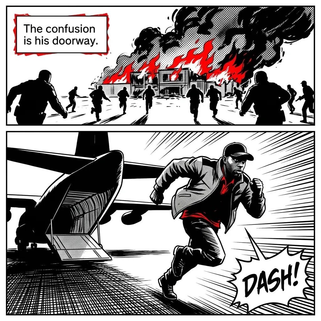 Comic panel showing a man running from a burning building with the text The confusion is his doorway.