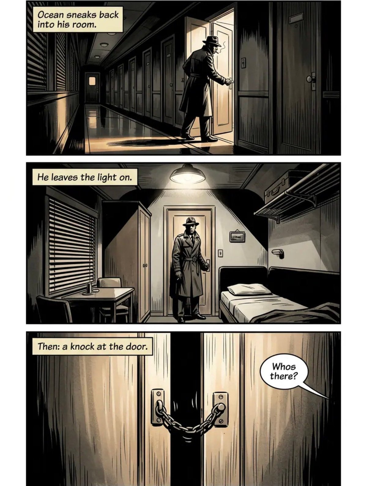 Comic panel sequence: a man sneaks into a dark room, turns on a light, then someone knocks on the door while he asks whos there