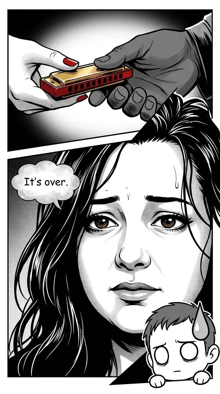 Black and white manga-style illustration of a woman with sad expression saying Its over as hands above play a harmonica