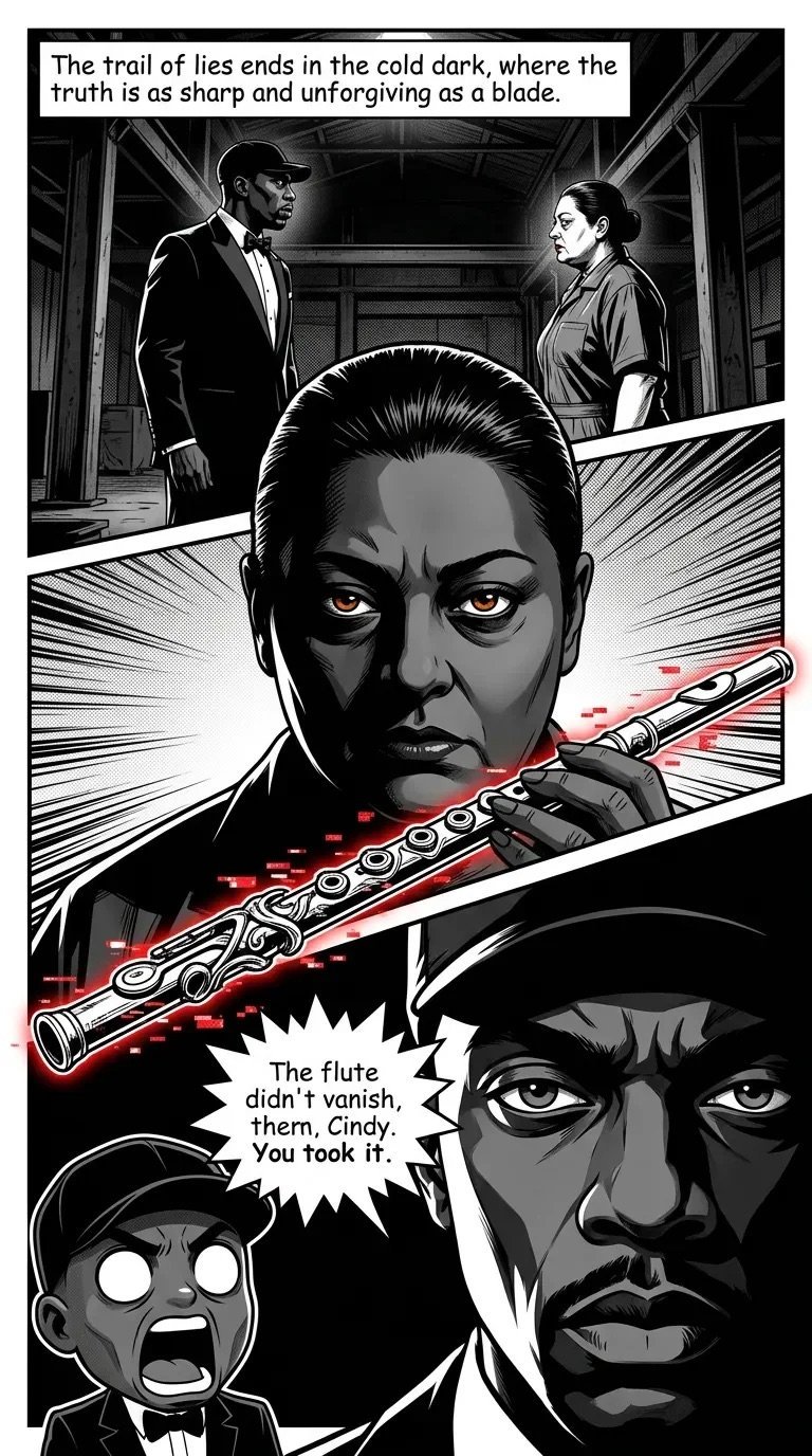 Black and white noir comic panel depicting a woman holding a decorative flute with glowing red accents, confronted by men in an interrogation scene with philosophical dialogue about truth