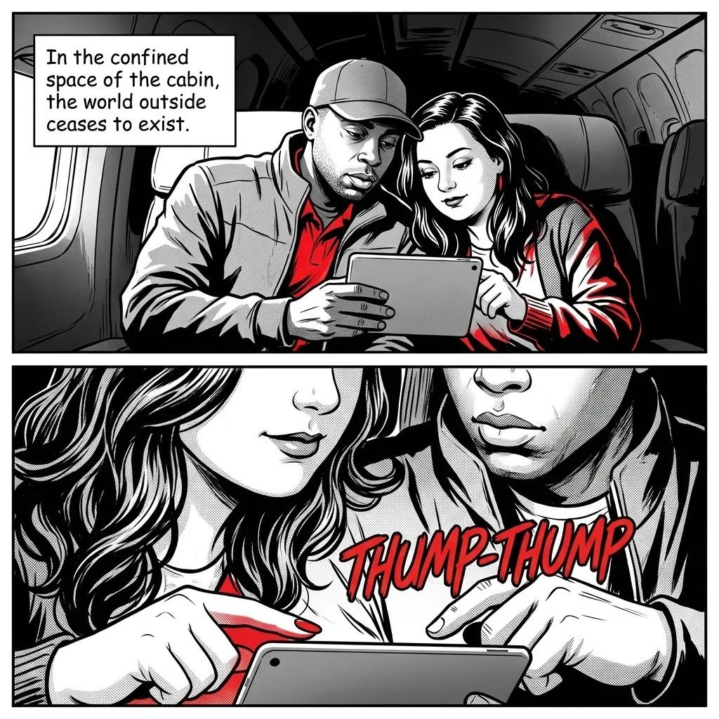 Comic panel showing a man and woman inside an airplane cabin viewing a tablet together with text about isolation