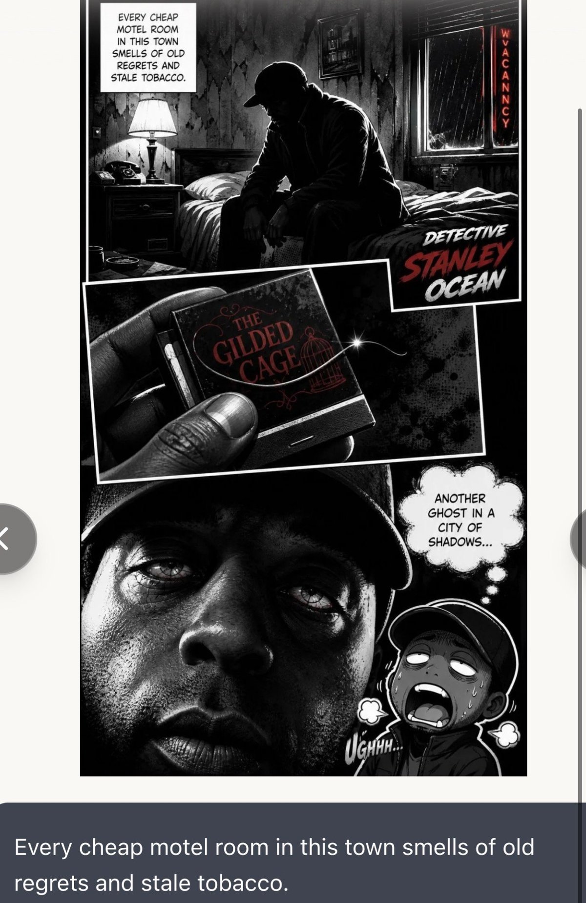 Black and white noir comic panel featuring Detective Shelley Ocean in a motel room investigation with mysterious figures and a Gilded Cage book
