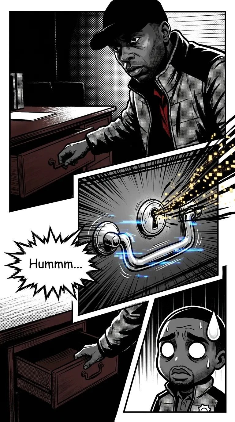Comic book panel showing a man in a cap and jacket examining a drawer, with an inset showing glowing mechanical pipes and a shocked character reacting below.