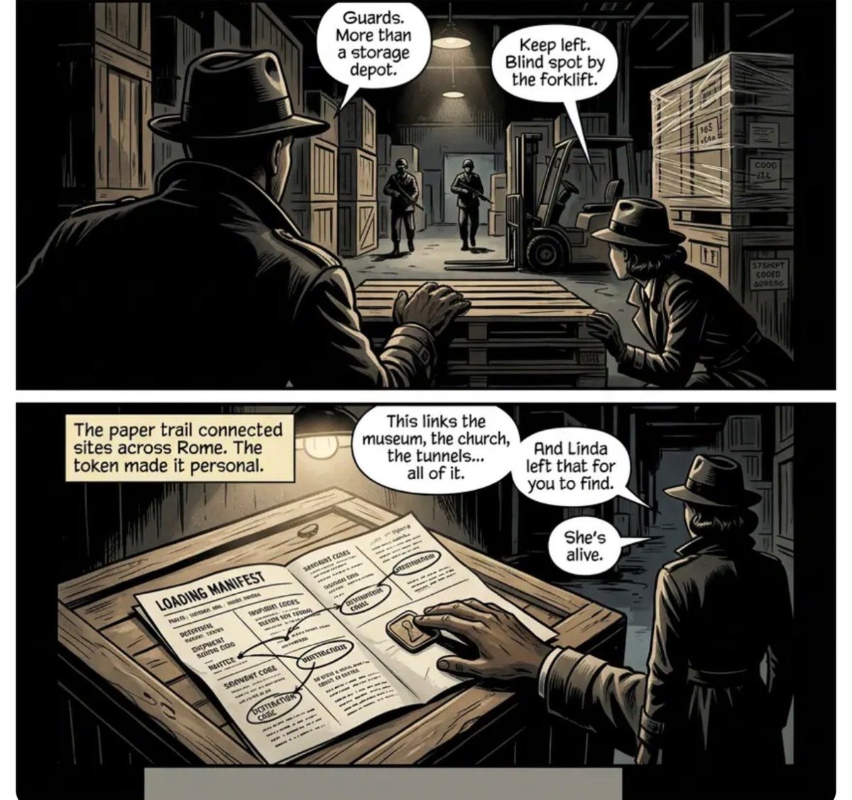 Comic panels showing men in fedoras discussing a storage depot and examining a map with tunnels connecting Rome landmarks to locate someone.
