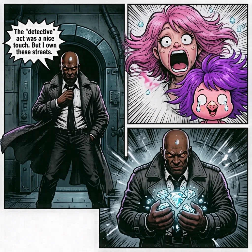 Comic panel showing a bald man in a suit claiming ownership of the streets, with a shocked womans reaction and the man holding glowing crystals below