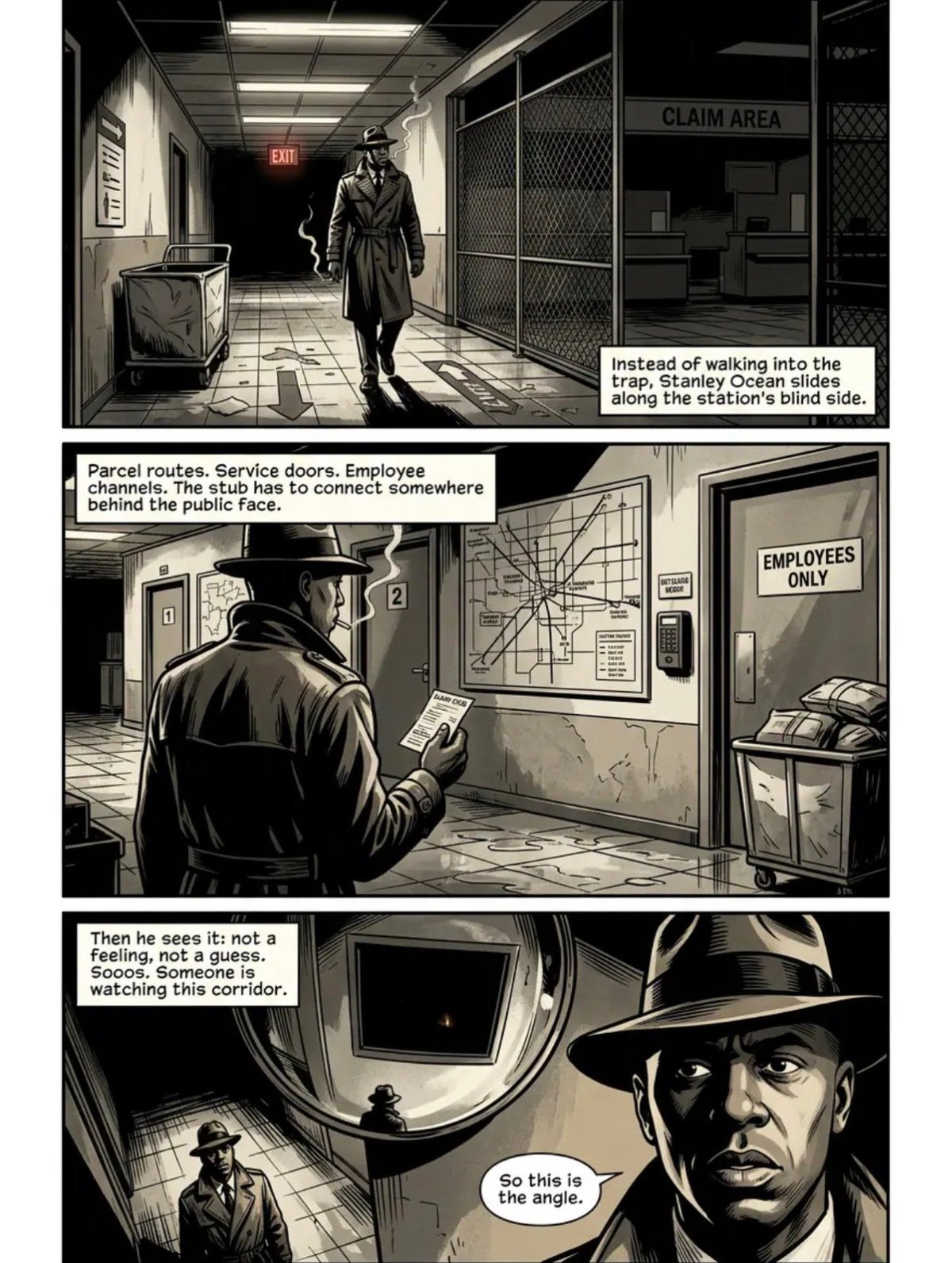 Black and white comic panels showing a man in a coat and hat moving through a subway station and discovering security footage revealing someone watching him