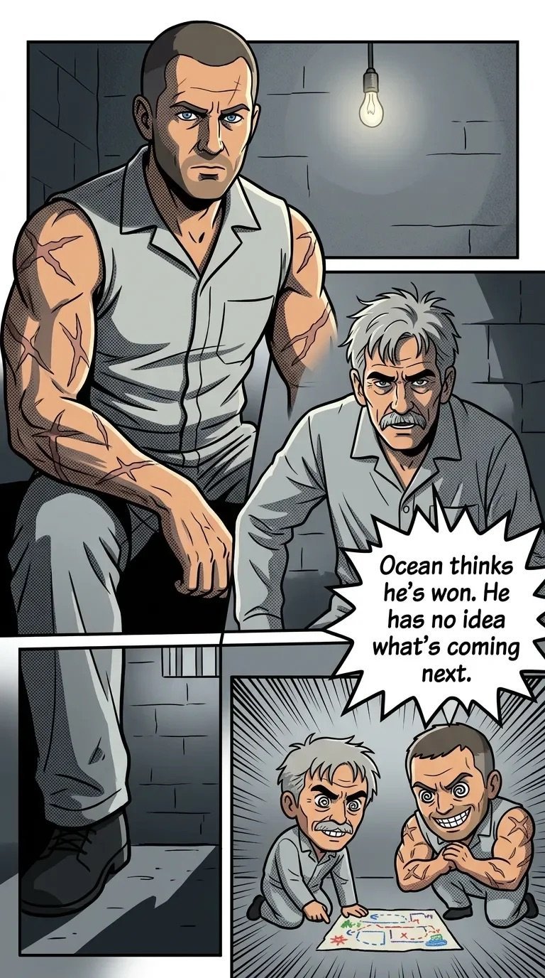 Comic panel showing a muscular man threatening an older man, with a speech bubble mentioning Ocean. Lower panels show the older man and a younger man planning while laughing.