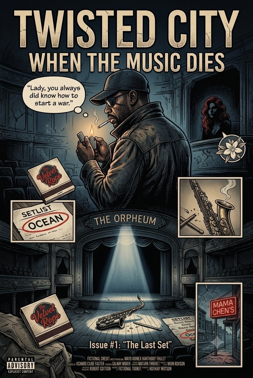 Poster for Twisted City: When the Music Dies featuring a noir-style man with cigarette, musical instruments, vintage venue signs, and The Orpheum theater stage, Issue #1: The Last Set