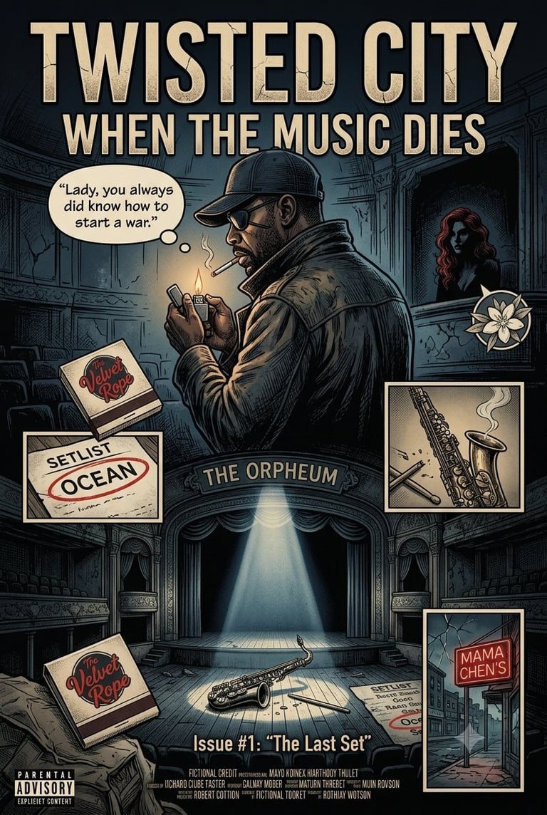 Poster for Twisted City: When the Music Dies featuring a noir-style man with cigarette, musical instruments, vintage venue signs, and The Orpheum theater stage, Issue #1: The Last Set