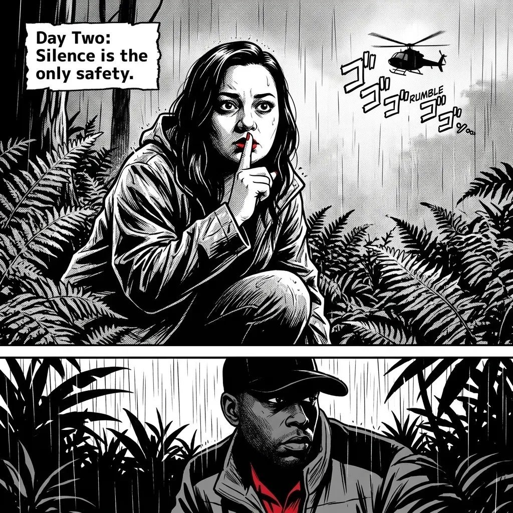 Black and white comic panel showing a woman in jungle foliage with text Day Two: Silence is the only safety, a helicopter above, and a man below.