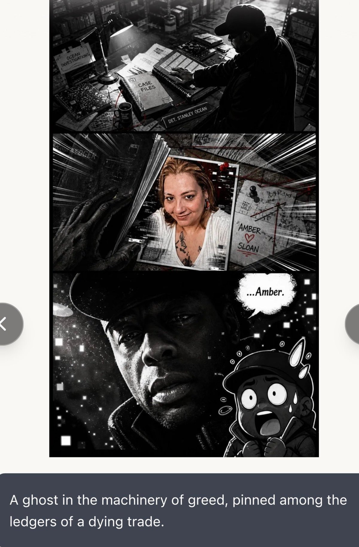 Black and white collage showing silhouetted figures, a womans portrait, and a cartoon character with text about greed and a dying trade