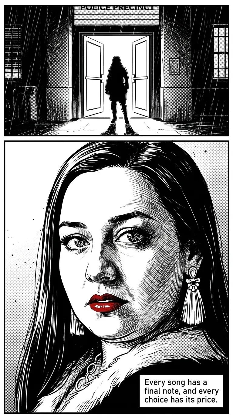 Black and white comic panel showing a silhouetted figure in a police precinct doorway above a close-up portrait of a woman with dark hair and red lips with text about choices and consequences.