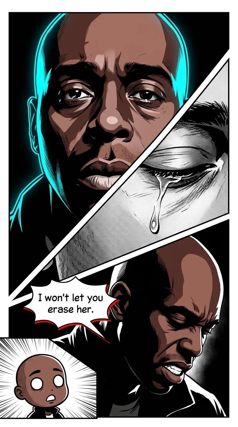 Comic panel showing a man's face with cyan neon outline, a knife with tear, speech bubble saying I won't let you erase her, and shocked reaction face below