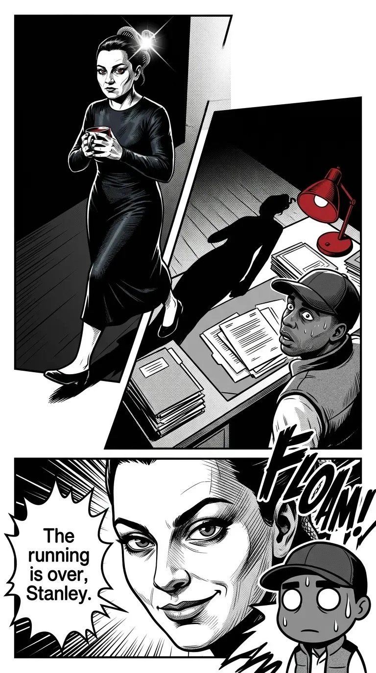 Black and white comic panel showing a woman in a dress threatening two men at a desk, with a close-up of her menacing face and dialogue saying The running is over, Stanley.