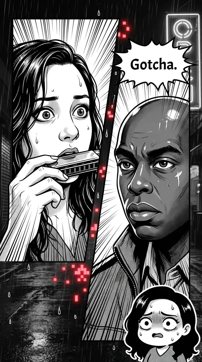 Black and white manga panel showing a woman playing harmonica with shocked expression, a man saying Gotcha, and a child below, in a rainy urban setting