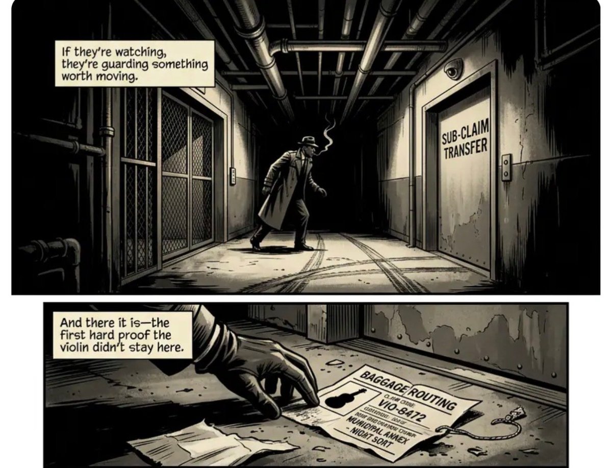 Film noir style comic panels showing a figure in dark hallway guarding something, with scattered documents on the floor below