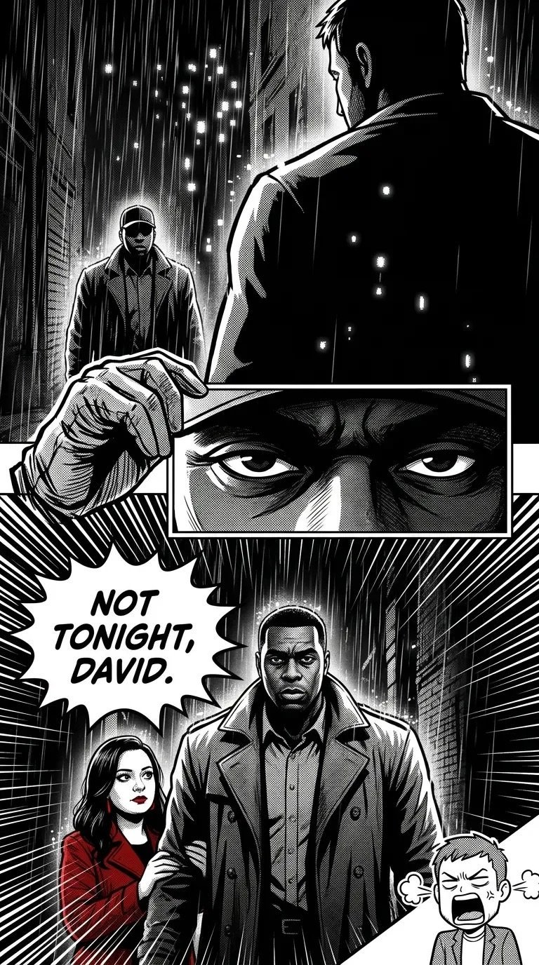 Black and white comic panel showing two men in urban setting with rain, intense close-up of eyes, and dialogue bubble saying Not Tonight, David with a woman and child below