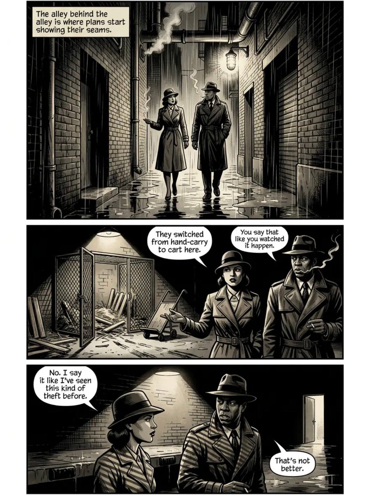 Black and white comic strip showing detectives discussing a theft in an alley and warehouse setting