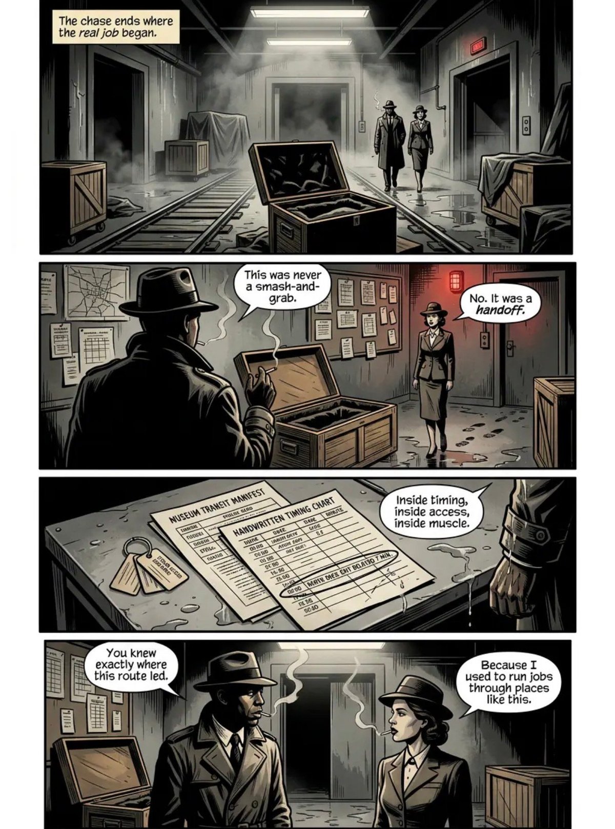 Noir-style comic strip showing detectives investigating a crime scene with laptops, maps, and evidence in a shadowy warehouse setting.