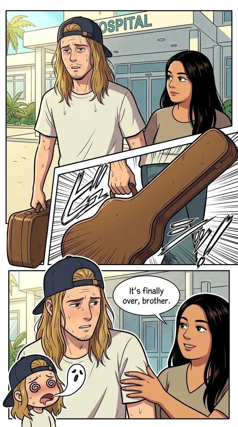 Comic strip showing a man leaving a hospital with an injured woman, then reuniting with a child who says Its finally over, brother.
