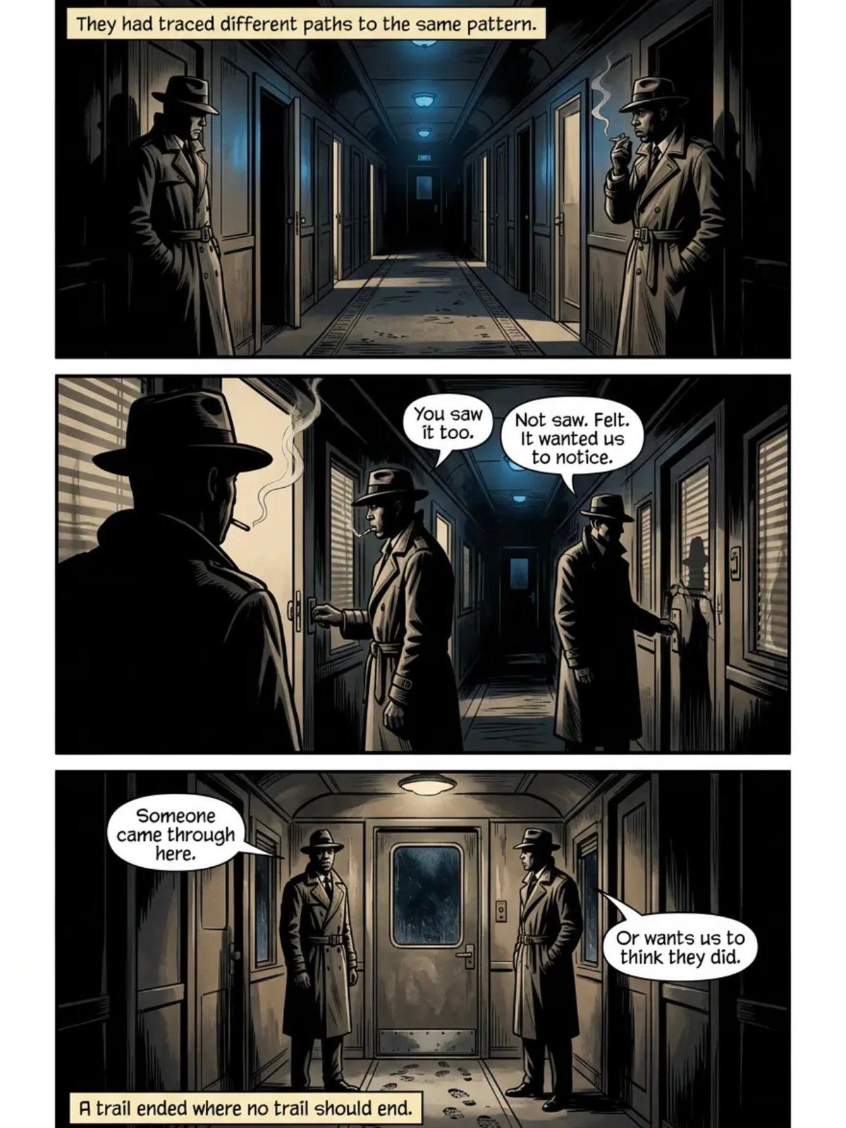 Three-panel noir comic showing two detectives in a hallway discovering a mysterious trail that ends where it shouldnt