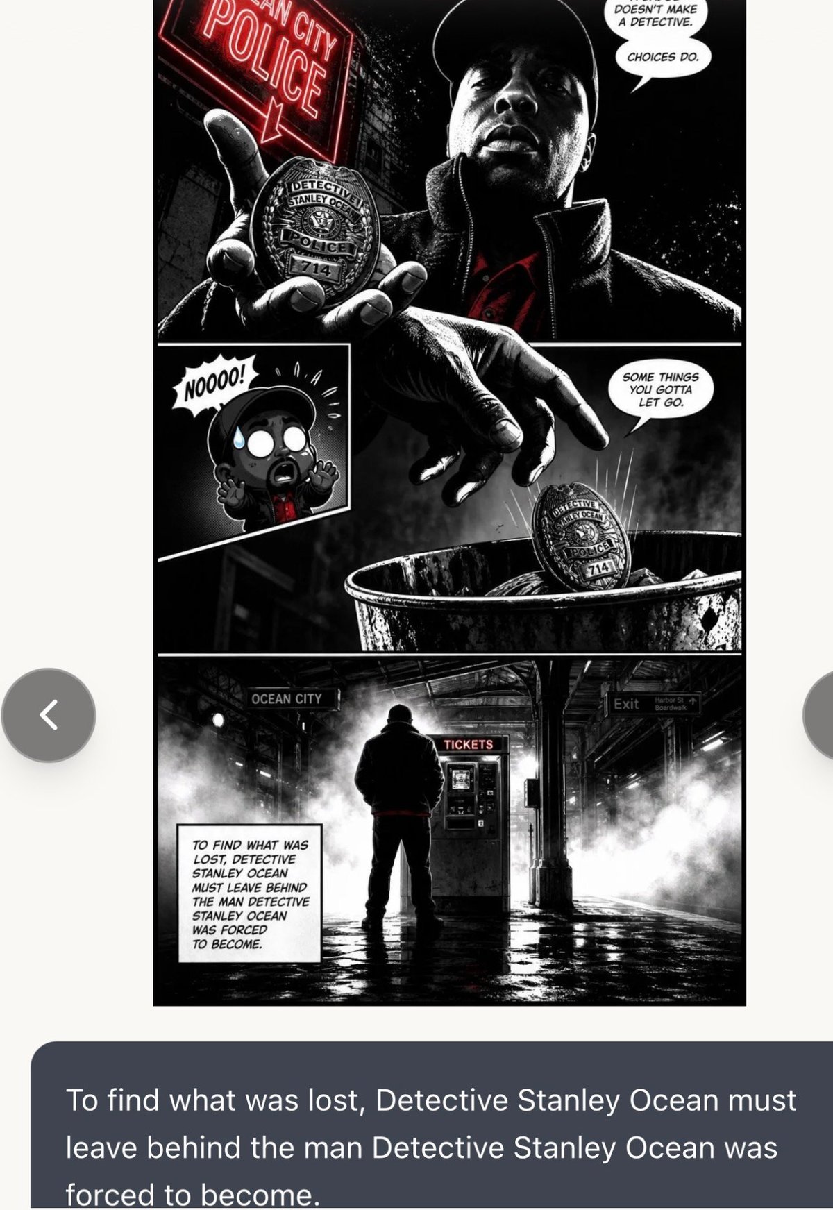 Black and white noir comic panels showing a detective with a police badge and silhouette in rain-soaked urban setting