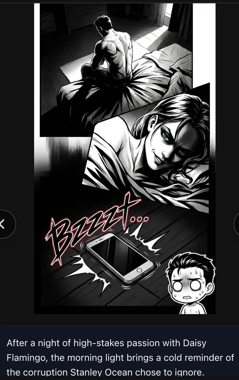 Black and white manga panel showing two people in bed after intimate moment, with phone displaying alert and shocked expression character below