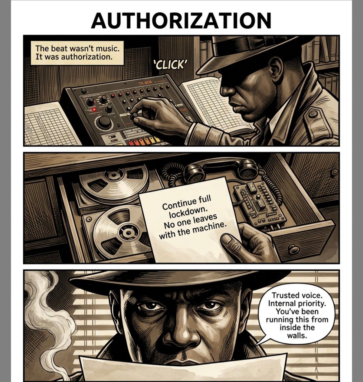 Film noir style comic strip about a man using audio equipment, titled Authorization, with dialogue about music and lockdown protocols