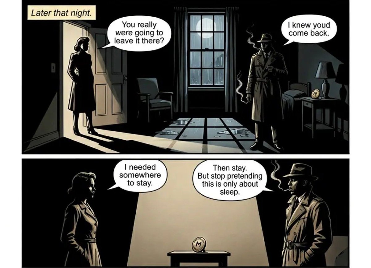 Film noir comic showing two characters in conversation at night. Top panel: woman at door leaving man in dark room. Bottom panel: two figures arguing with skull on table between them.