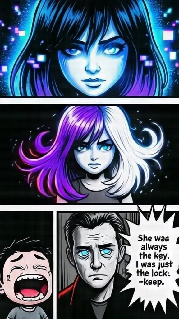 Anime-style manga panel showing two female characters with glowing eyes and neon hair, and a male character with text dialogue about being a key and lock