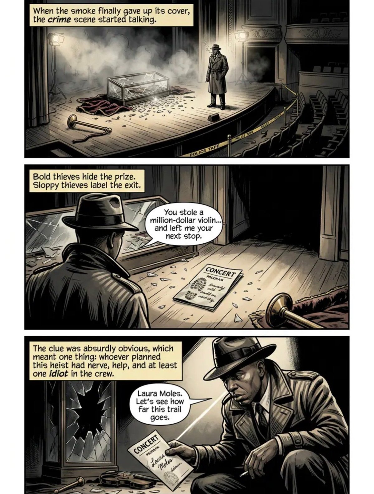 Black and white comic strip showing detectives investigating a crime scene with stolen violin, featuring dialogue about thieves and clues