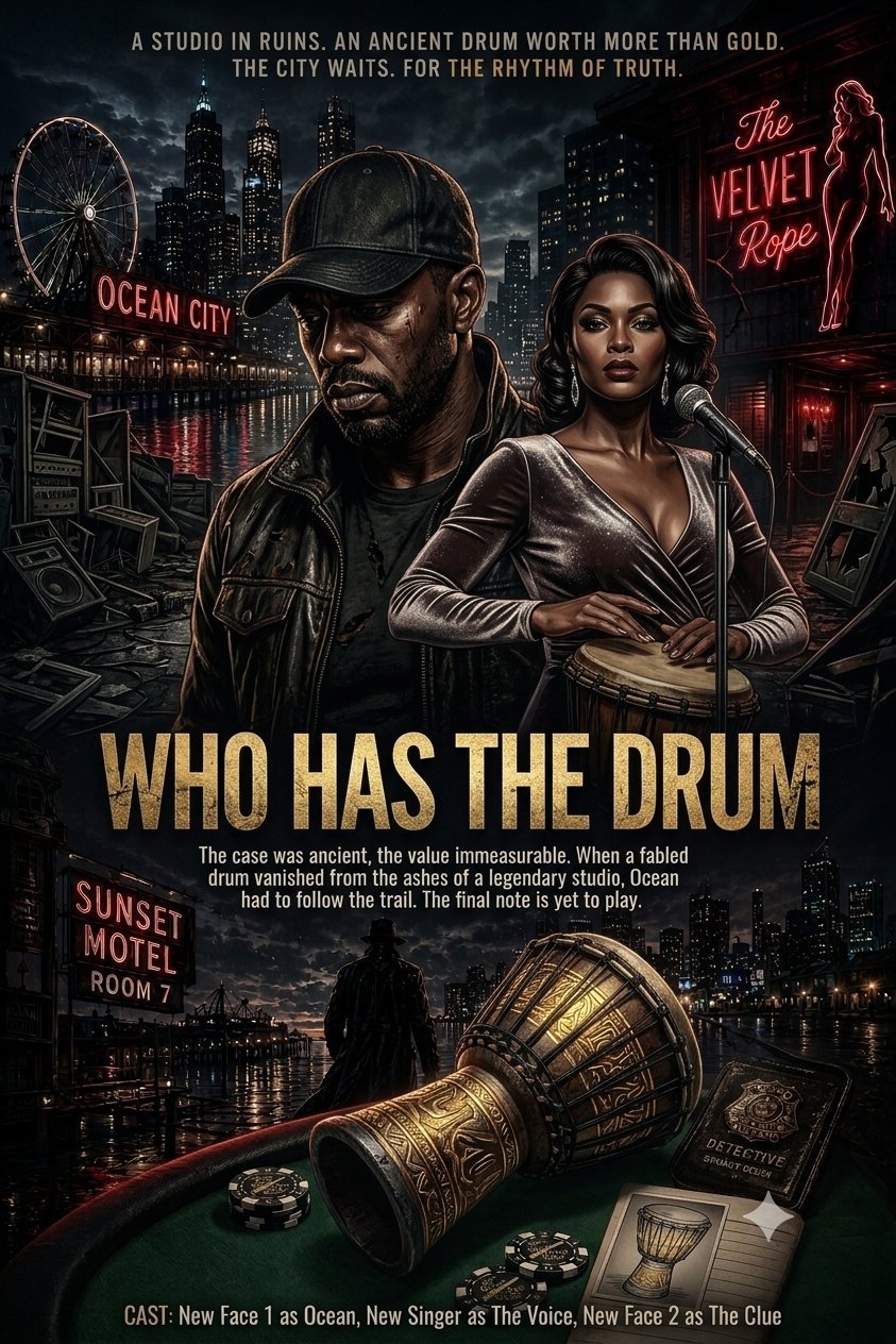 Movie poster for Who Has the Drum featuring two figures against a noir cityscape with neon signs