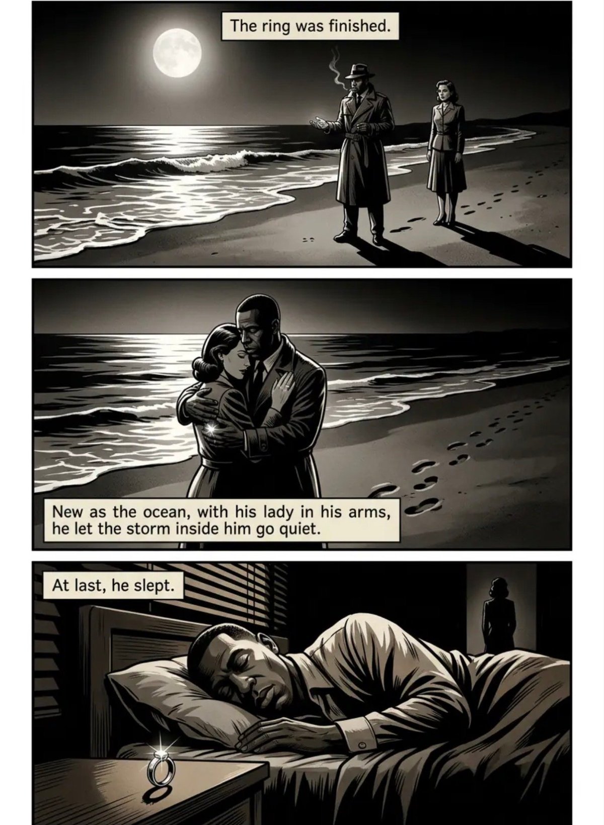 Three-panel black and white comic showing a man and woman on a moonlit beach, then embracing in the ocean, then him sleeping peacefully indoors with a ring on the nightstand.