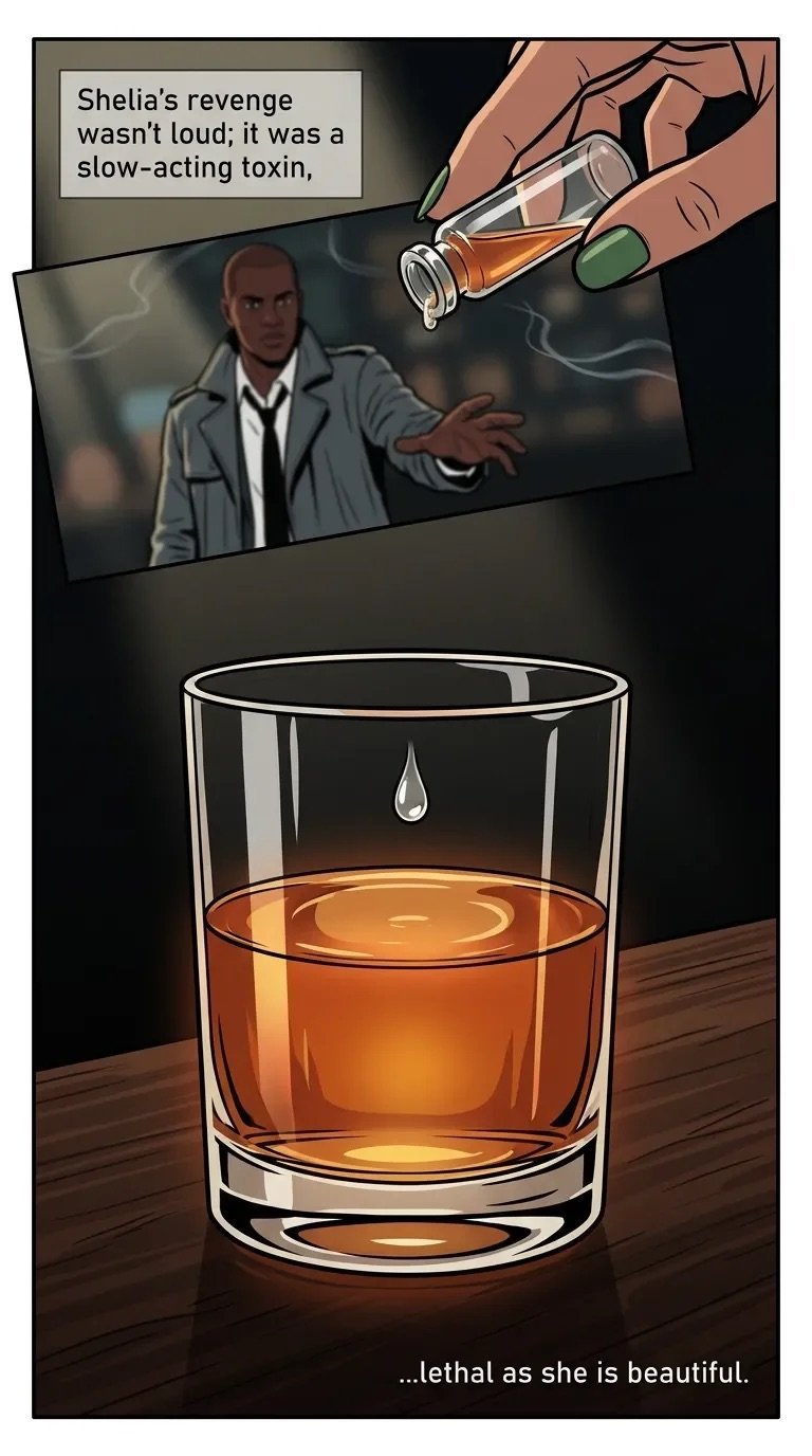 Comic panel showing a slow-acting poison being added to a glass of whiskey above an image of a man, with text about lethal revenge