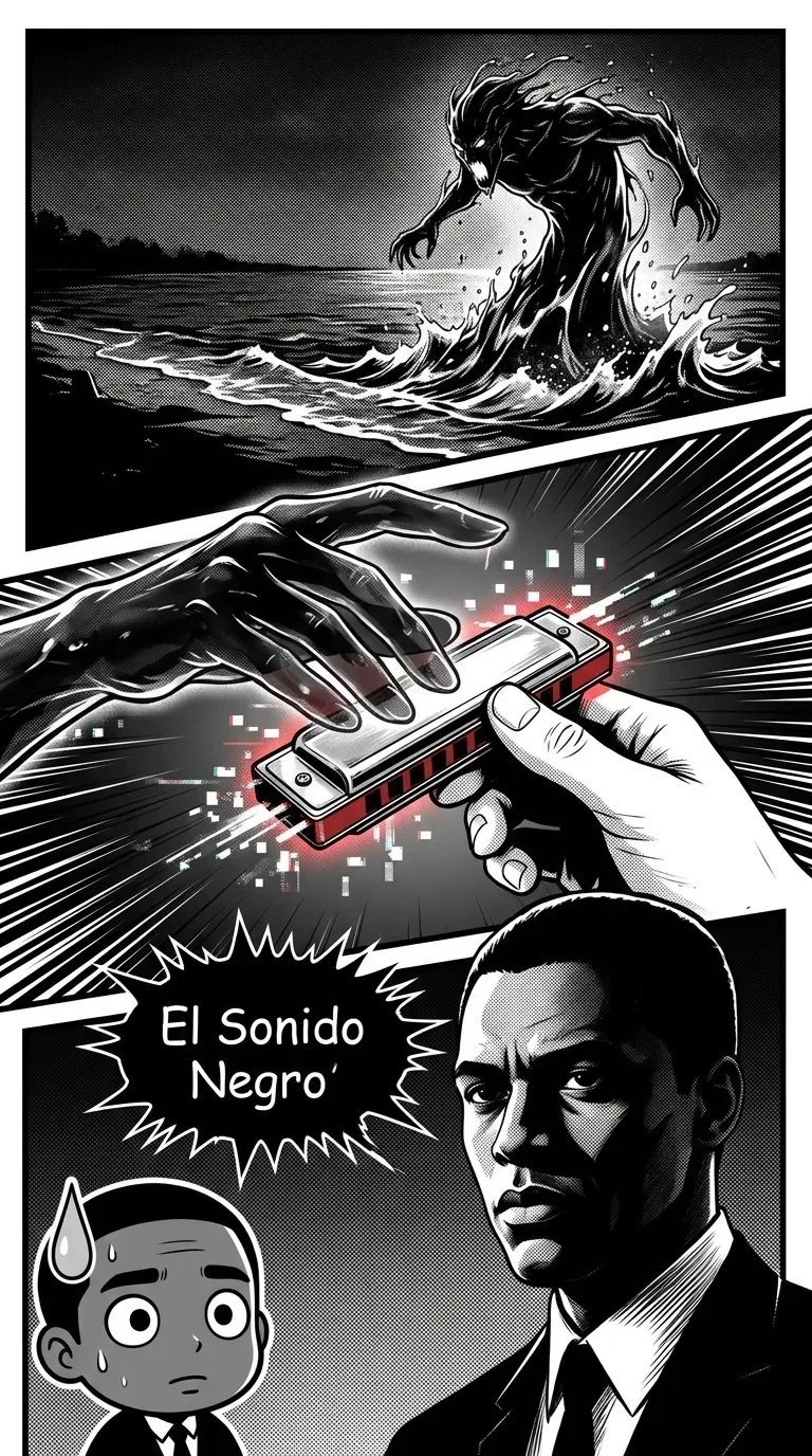 Black and white manga-style comic panel showing hands exchanging a glowing device, with a monstrous wave, shocked character, and man in suit below labeled El Sonido Negro