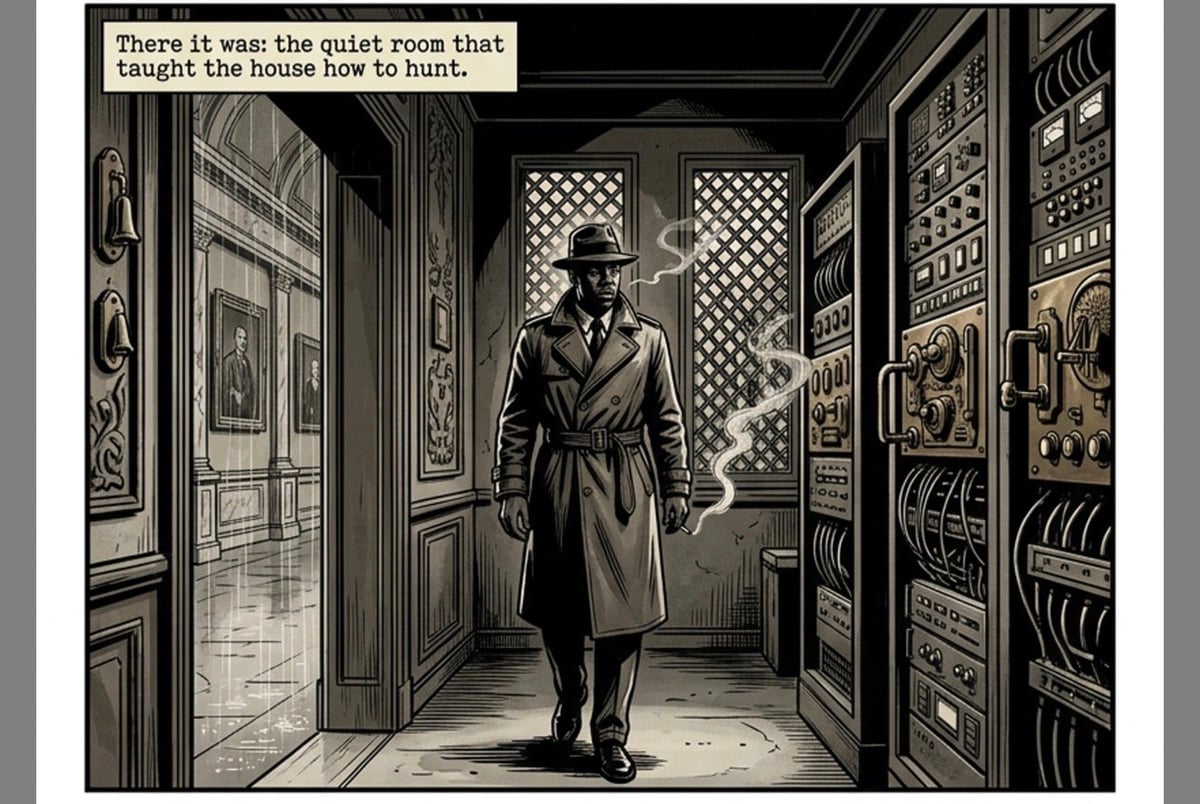 A noir comic panel showing a detective in a coat and hat standing in a high-tech room with ornate doors and electronic equipment, with caption about a quiet room that taught the house to hunt.