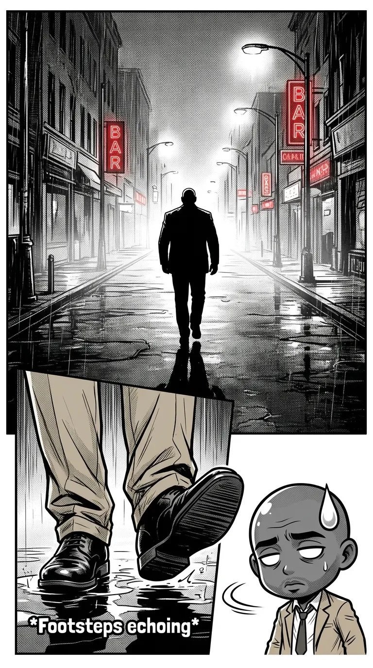 Film noir comic panel: silhouetted man walking alone down rainy neon-lit street with bar signs, close-up of footsteps with caption Footsteps echoing, worried characters face below