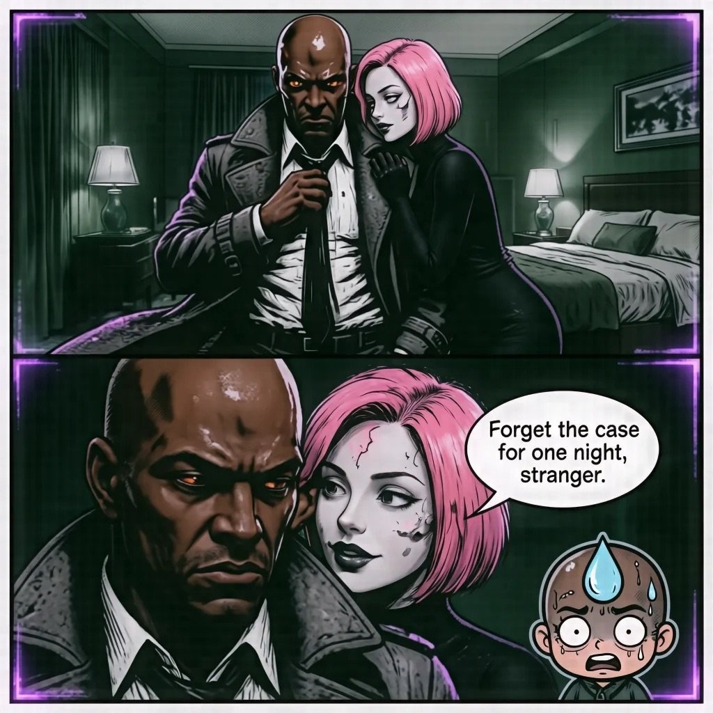 Comic panel showing a man in a tuxedo and woman with pink hair in a bedroom, with dialogue saying Forget the case for one night, stranger.