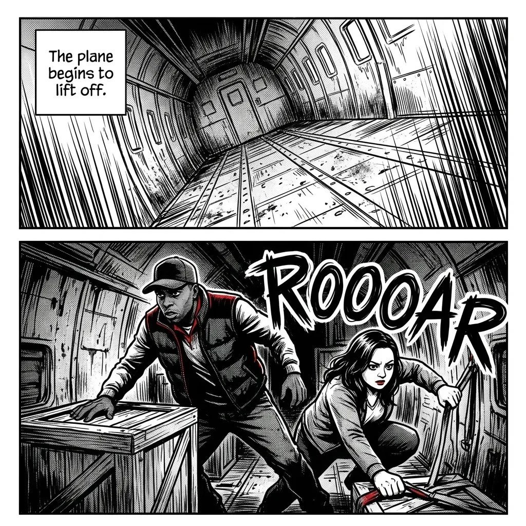 Black and white manga panel showing airplane interior during takeoff above, two people bracing during turbulence below with ROOOAR sound effect