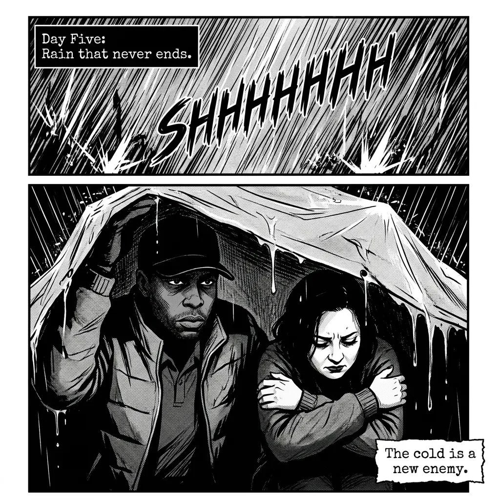 Black and white comic panel showing two people huddled under an umbrella in heavy rain, with text stating The cold is a new enemy.