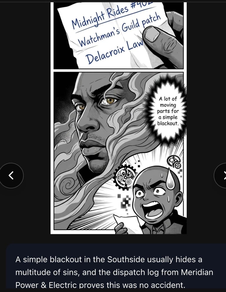 Black and white manga-style comic panel showing two characters discussing a power blackout and guild patch, with text about hidden sins