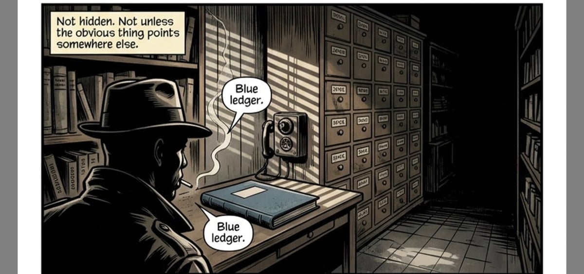 Film noir comic panel showing detective examining clues at desk with file labels visible